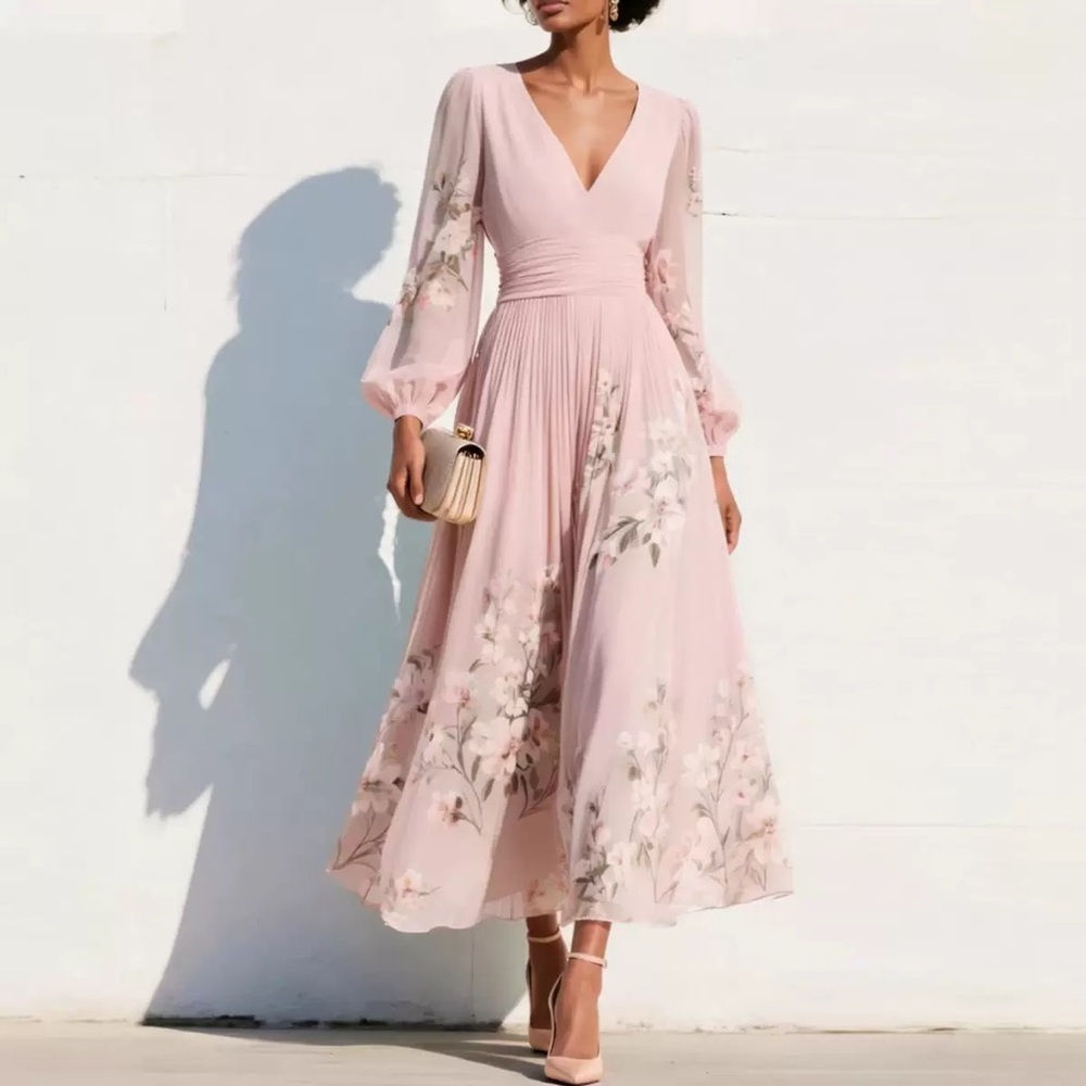 Zimmermann Elegant Blush Pink Floral V-Neck Long Sleeve Dress